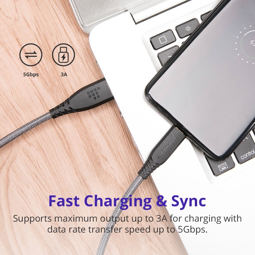 Tronsmart TAC01 USB Type-C to USB-A 3.0 Braided Nylon Charging & Syncing Cable (3ft/1m)