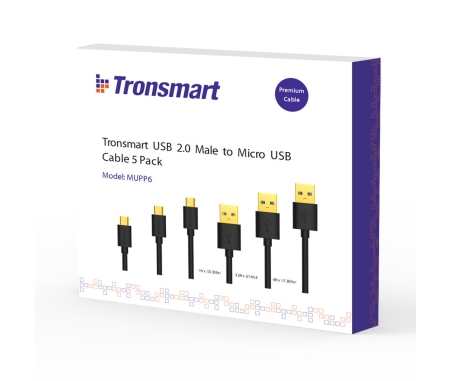 Tronsmart MUPP6 Premium USB Cables 5 Pack Black (1ft*1+3.3ft*3+6ft*1 ) with Gold Connector
